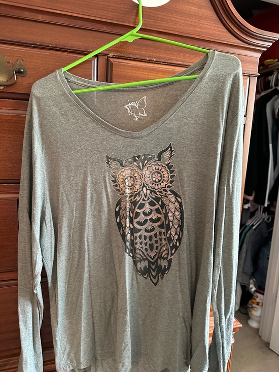 Just My Size Tops - Just My Size Olive Long-Sleeve V-Neck Top with Metallic Owl